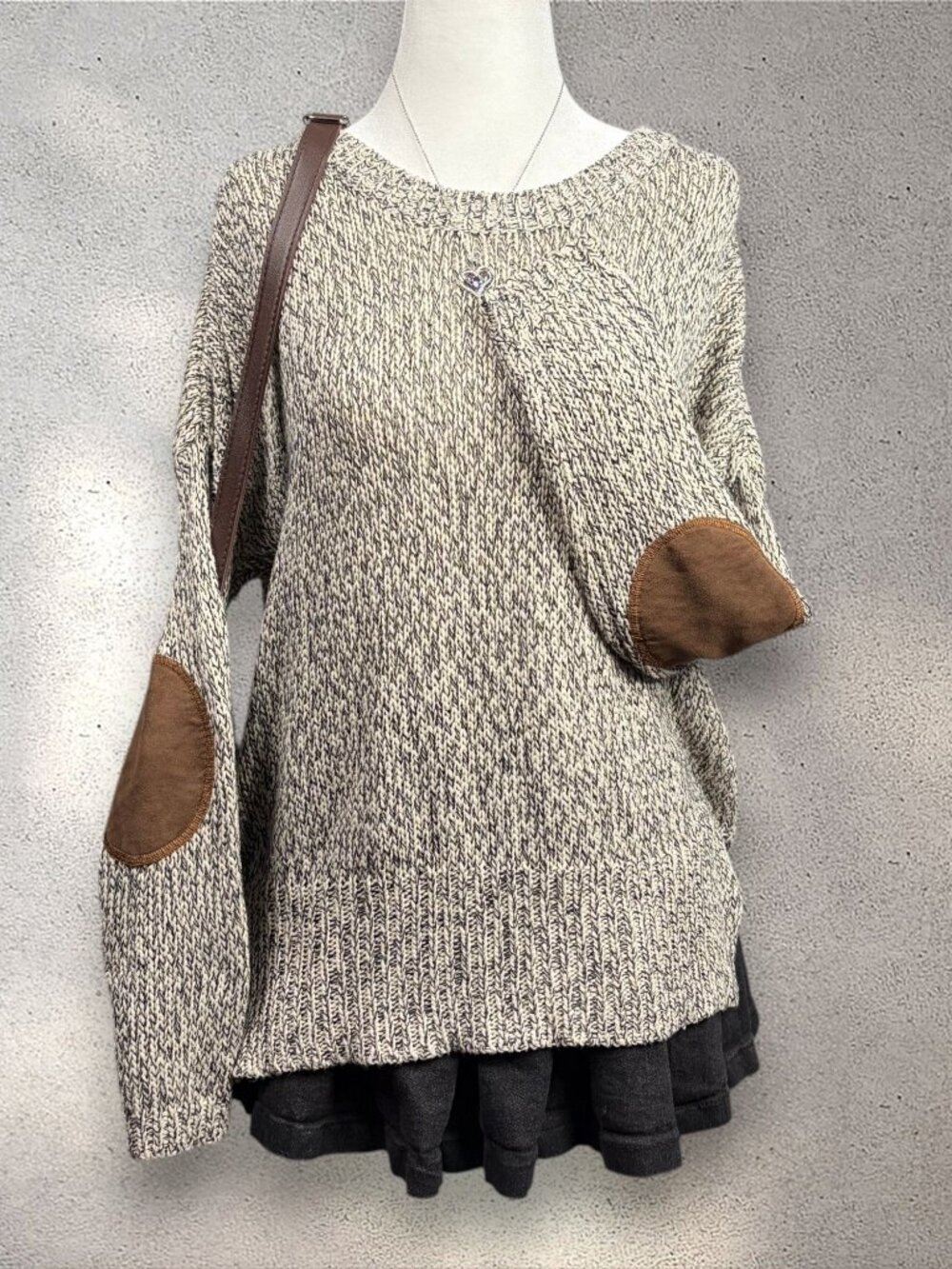 Anthropologie Harper Heritage Marled Knit Sweater Women’s L Beige Elbow Patches - Picture 1 of 11